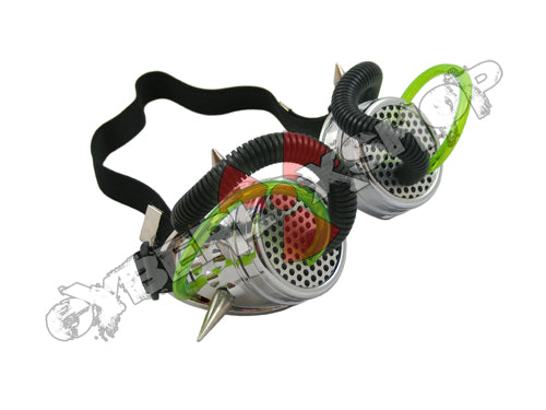 Cyber Goggles - Metallic Silver with Cyber Spikes / Green & Black Tubing